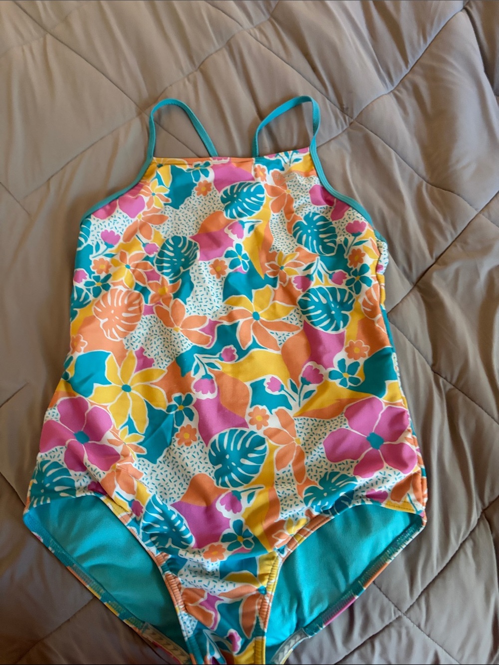 Speedo Girls' Floral One-Piece Swimsuit in Teal, Pink & Yellow